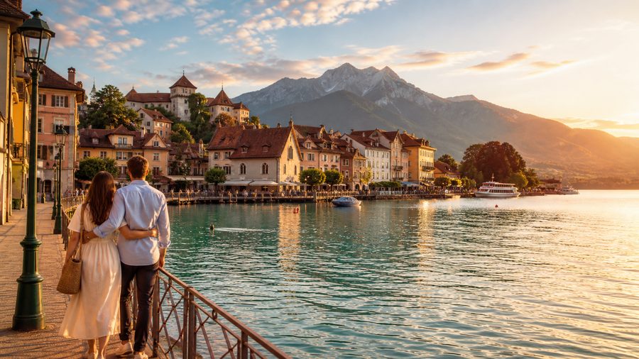 Ambiance romantique inspirée d'Annecy entre lac turquoise, vieille ville et montagnes