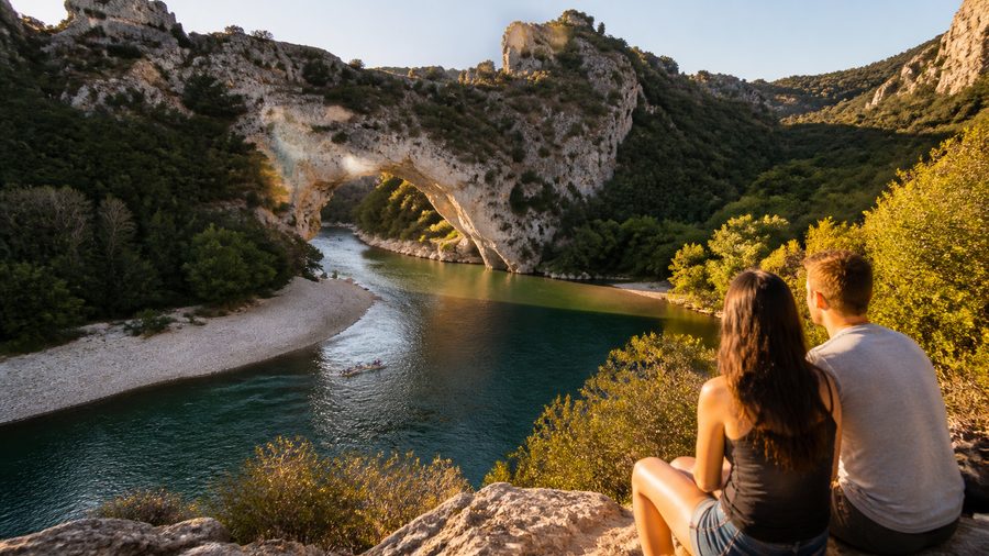 Ambiance romantique inspirée des gorges de l'Ardèche et du Pont d'Arc en fin de journée