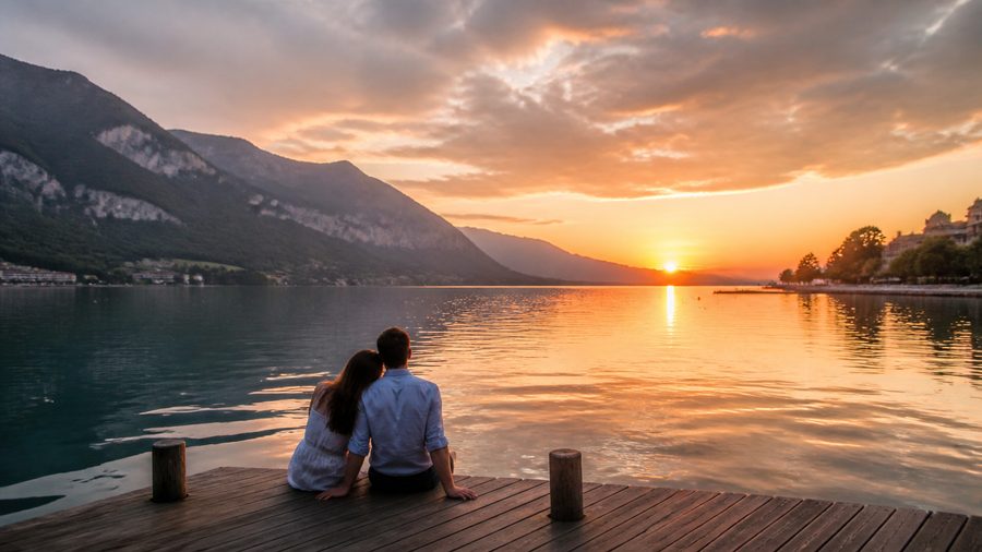 Ambiance romantique inspirée du lac du Bourget près d'Aix-les-Bains au coucher du soleil