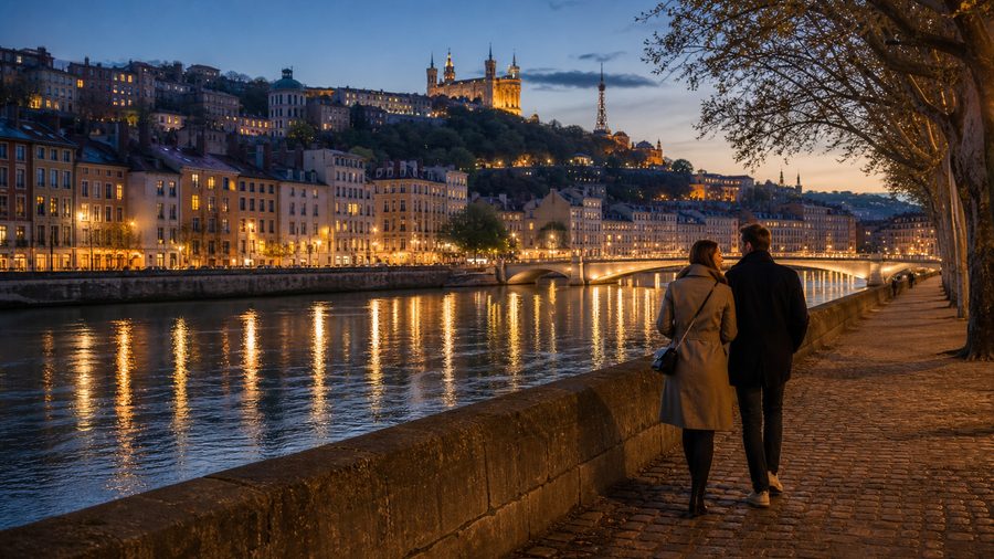 Ambiance romantique inspirée de Lyon entre Saône, vieux Lyon et Fourvière à l'heure bleue