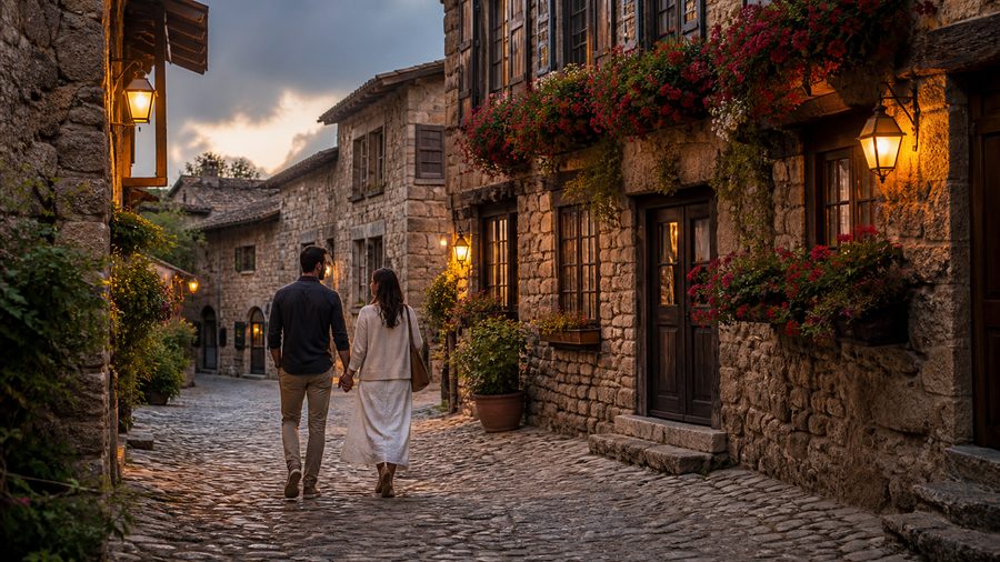 Ambiance romantique inspirée des ruelles pavées de Pérouges en soirée