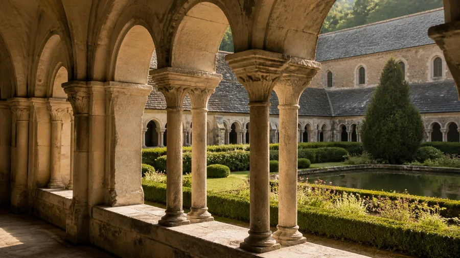 Ambiance romantique inspirée de l'Abbaye de Fontenay avec cloître de pierre, jardin et lumière douce