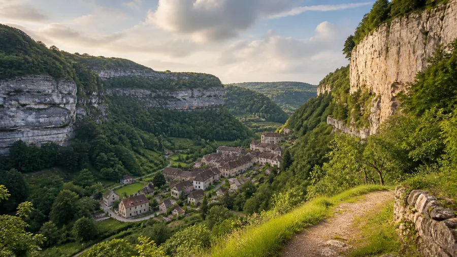 Ambiance romantique inspirée de Baume-les-Messieurs avec reculée jurassienne, falaises et village encaissé