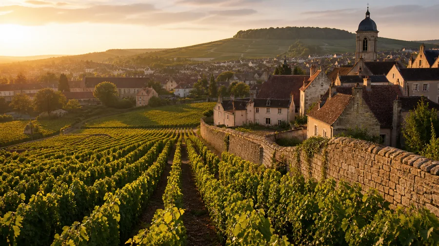 Ambiance romantique inspirée de Beaune avec vignes de Bourgogne, village de pierre et lumière dorée