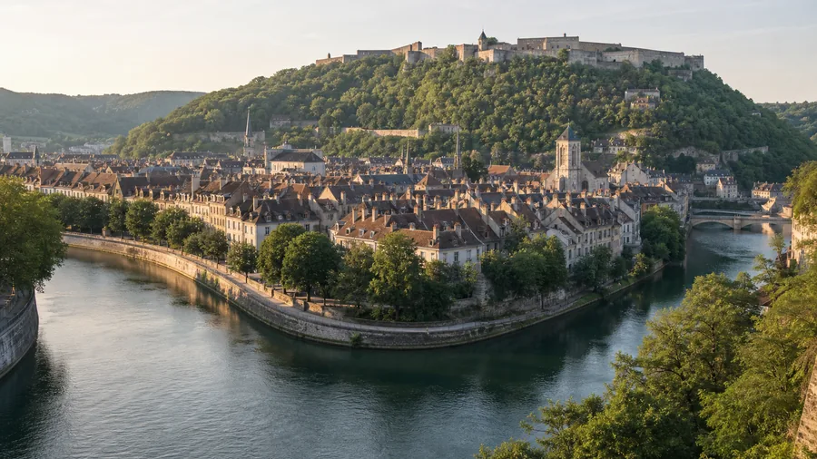 Ambiance romantique inspirée de Besançon avec boucle du Doubs, toits anciens et citadelle sur la colline