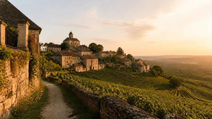 Ambiance romantique inspirée de Château-Chalon avec village perché, vignes du Jura et soleil couchant
