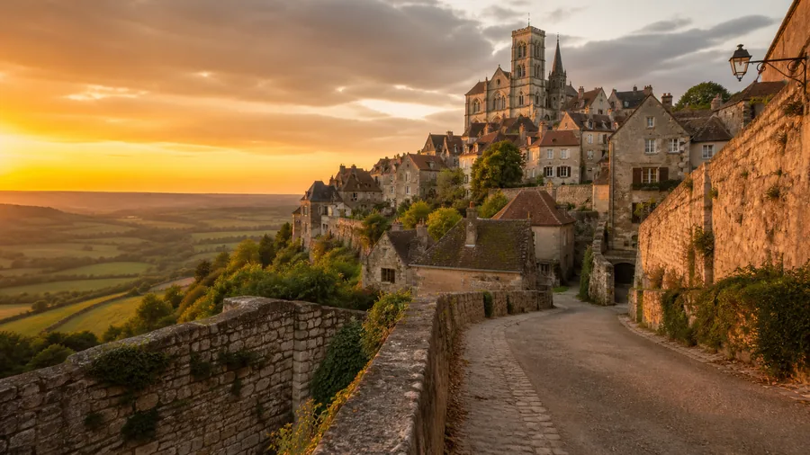 Ambiance romantique inspirée de Vézelay avec village perché, basilique et campagne au coucher du soleil