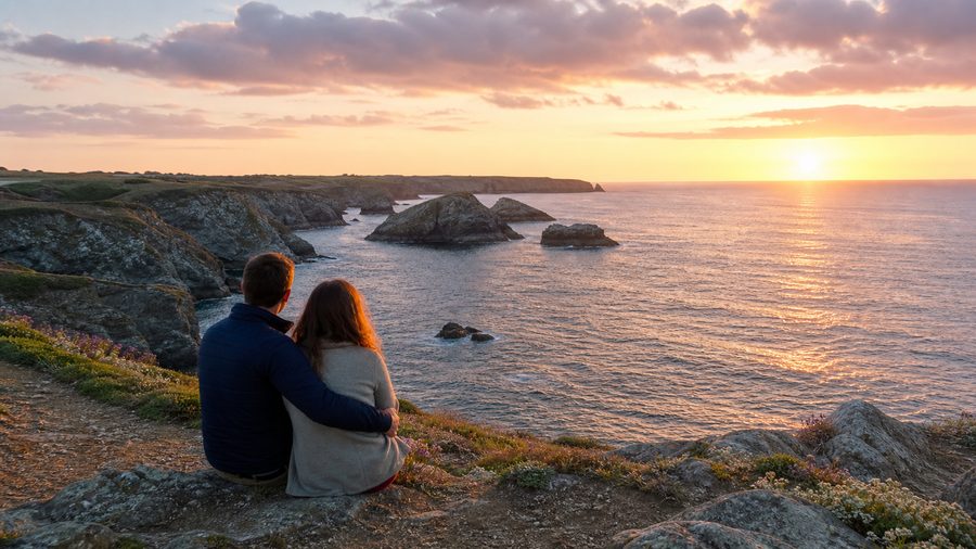 Ambiance romantique inspirée des falaises de Belle-Île-en-Mer au coucher du soleil