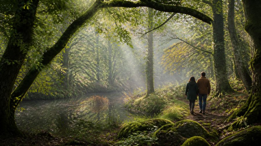 Ambiance romantique inspirée de la forêt de Brocéliande au petit matin