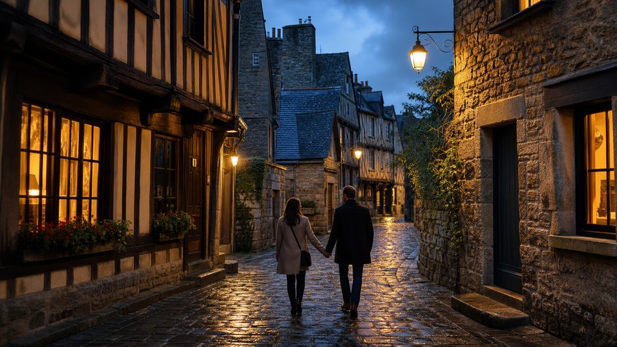Ambiance romantique inspirée des ruelles médiévales de Dinan après la pluie