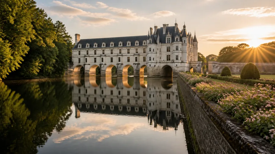 Ambiance romantique inspirée de Chenonceau avec château sur le Cher, jardins et reflets du soir