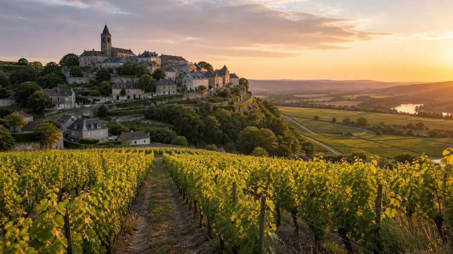 Ambiance romantique inspirée de Sancerre avec village perché, vignes du Berry et Loire au loin