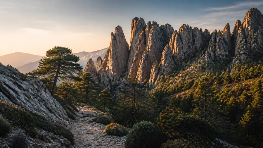 Ambiance romantique inspirée des Aiguilles de Bavella avec pics granitiques, pins et sentier de montagne