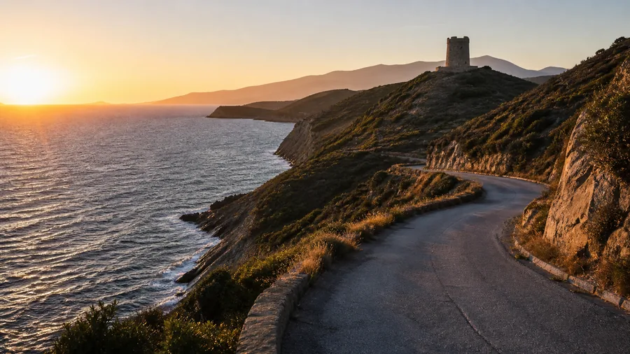 Ambiance romantique inspirée du Cap Corse avec route sauvage, tour génoise, maquis et mer au soleil bas