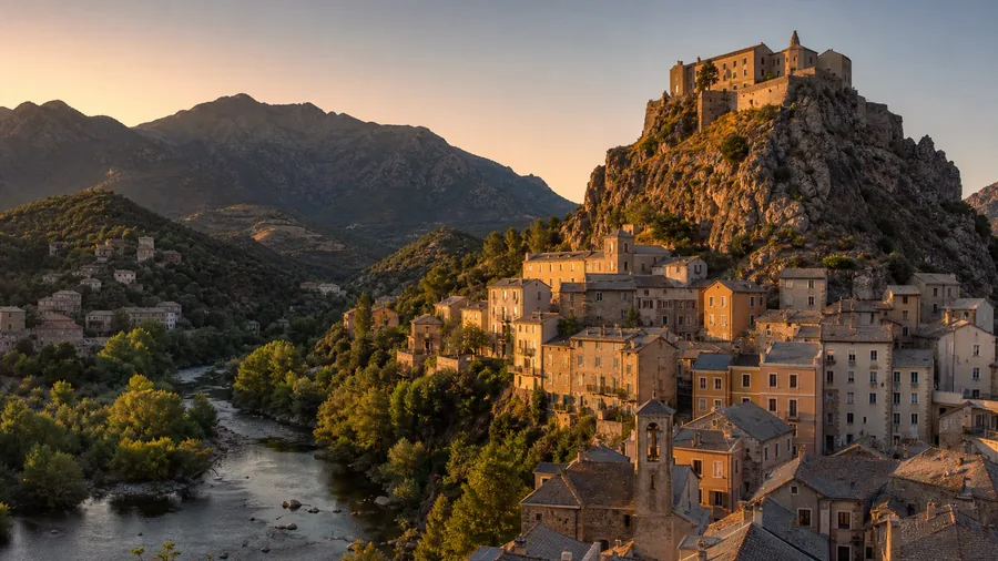 Ambiance romantique inspirée de Corte avec citadelle sur rocher, rivière et montagnes de l'intérieur corse