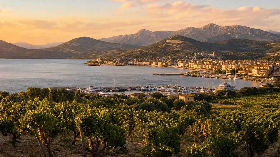Ambiance romantique inspirée de Saint-Florent et Patrimonio avec baie, vignes, marina et montagnes dorées
