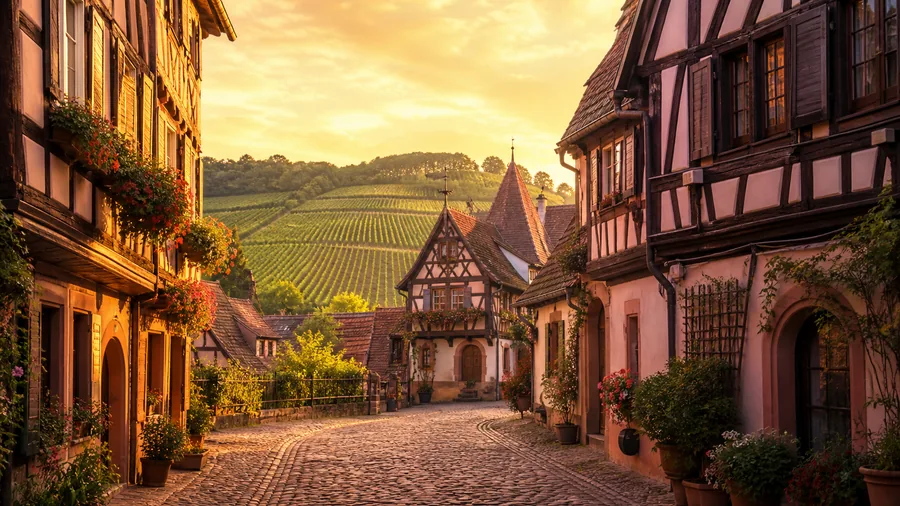 Ambiance romantique inspirée de Colmar et Riquewihr avec maisons alsaciennes, ruelle pavée et vignes au soleil couchant