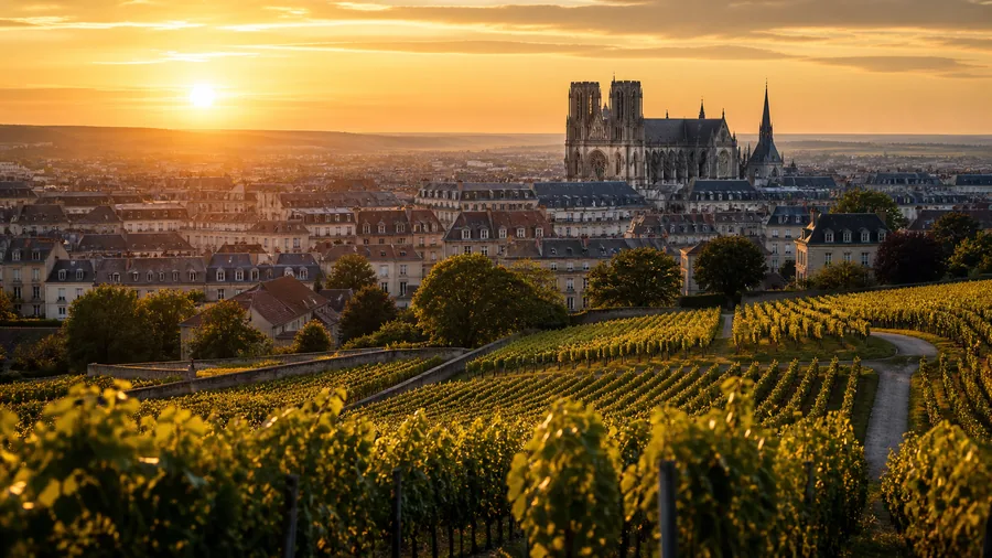 Ambiance romantique inspirée de Reims avec cathédrale, toits anciens et vignes de Champagne en lumière dorée