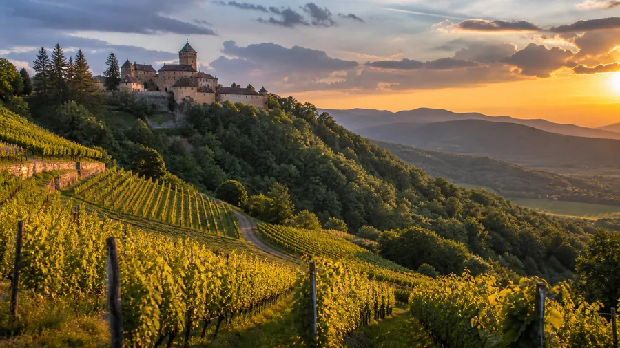 Ambiance romantique inspirée de la route des vins d'Alsace avec vignobles, Vosges et château perché au coucher du soleil