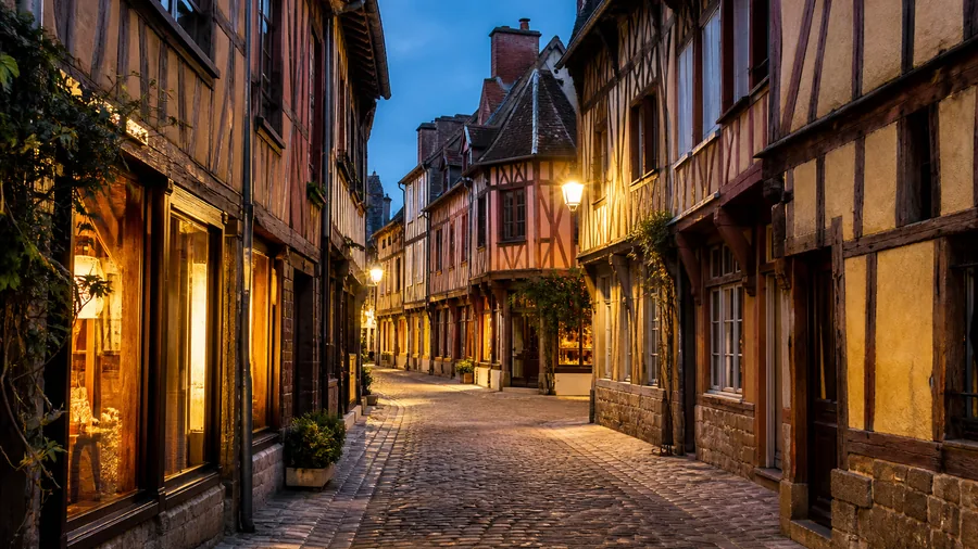 Ambiance romantique inspirée de Troyes avec ruelle médiévale, maisons à pans de bois et lumières chaudes