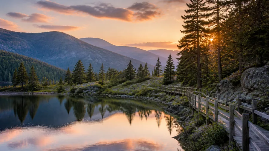 Ambiance romantique inspirée des Vosges avec lac de montagne, passerelle en bois, sapins et crêtes au soleil couchant