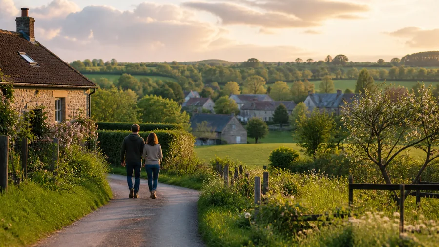 Ambiance romantique inspirée de l'Avesnois avec bocage, haies, village de pierre et chemin de campagne