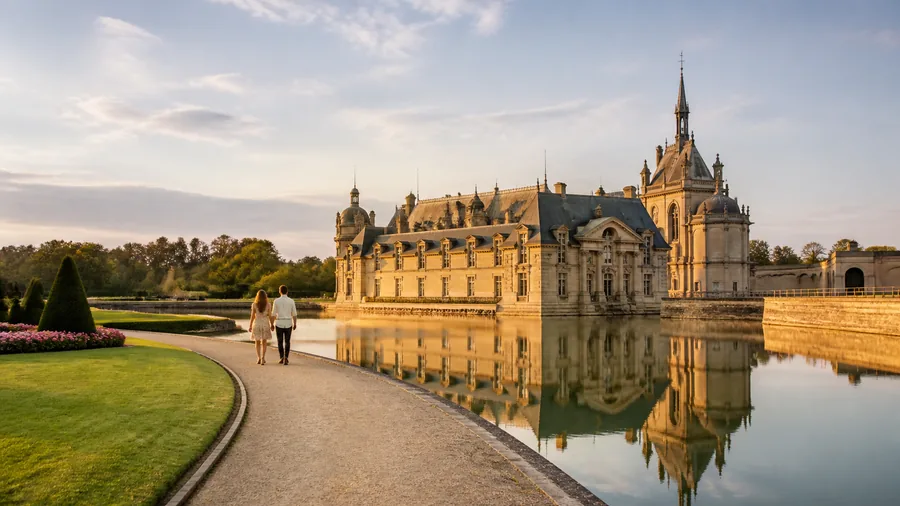 Ambiance romantique inspirée de Chantilly avec château, jardins, bassin miroir et promenade à deux