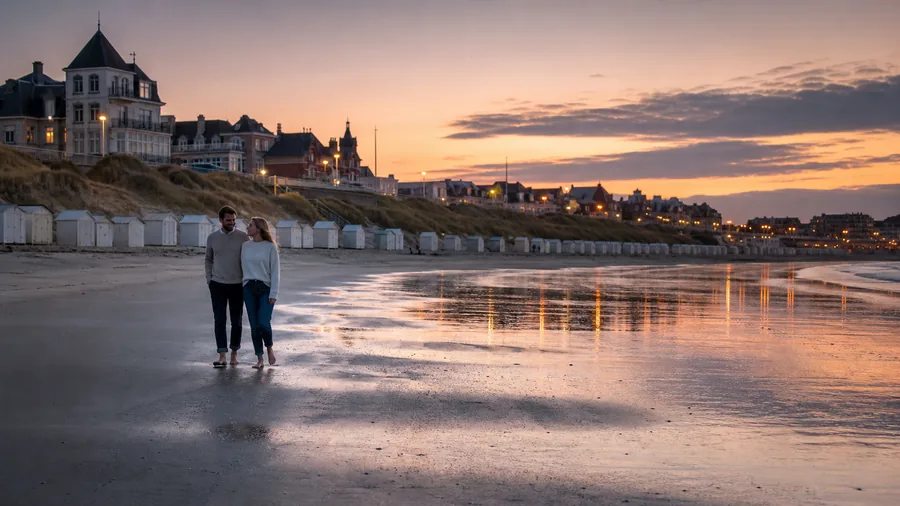 Ambiance romantique inspirée du Touquet avec plage, cabines, villas et reflets du soir sur le sable