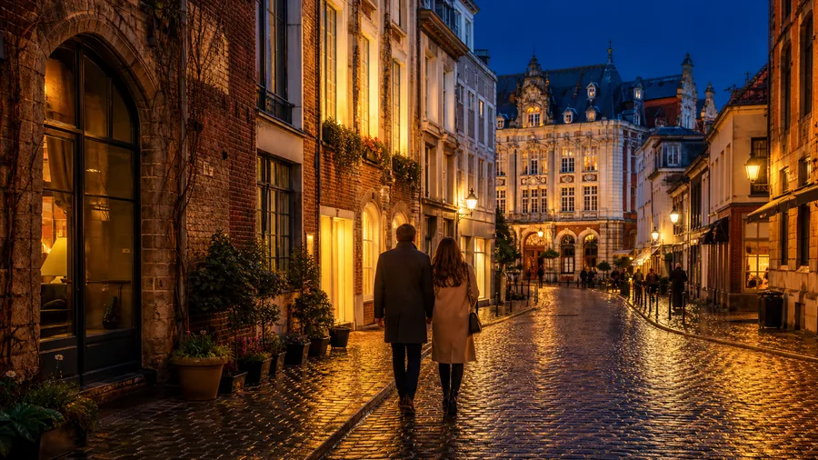 Ambiance romantique inspirée du Vieux-Lille avec ruelles pavées, façades flamandes et lumières du soir