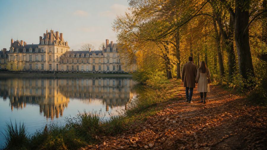 Ambiance romantique inspirée de Fontainebleau entre château, reflet d'eau et forêt dorée