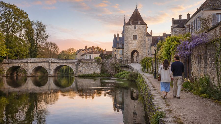 Ambiance romantique inspirée de Moret-sur-Loing avec pont de pierre, rivière calme et porte médiévale