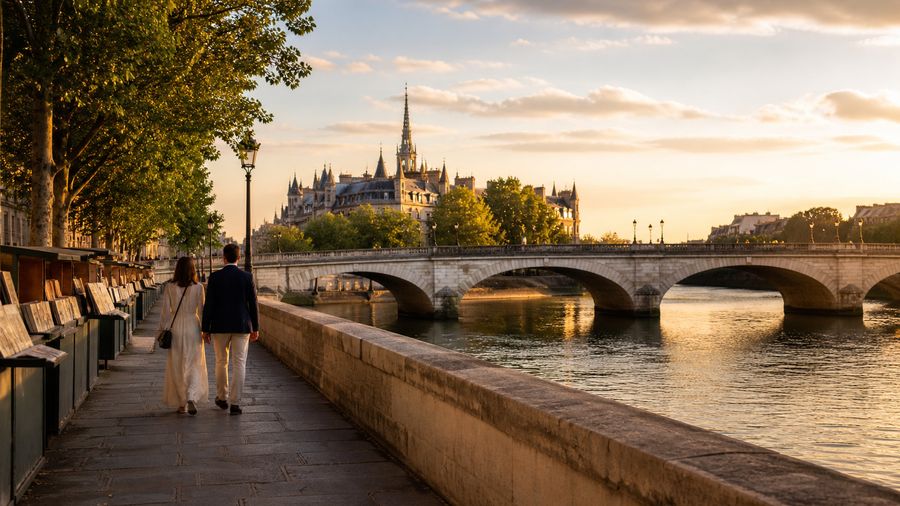 Ambiance romantique inspirée des quais de Seine à Paris avec ponts historiques et lumière dorée