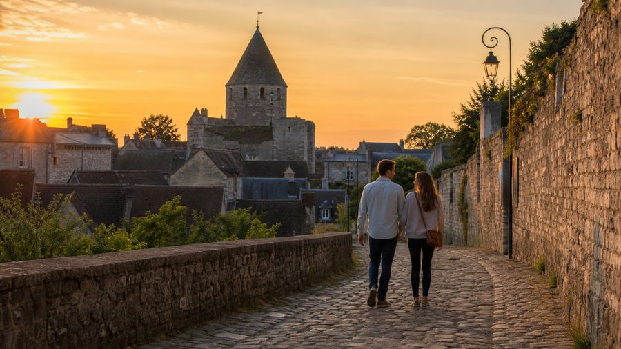 Ambiance romantique inspirée de Provins avec remparts, ruelle pavée et tour médiévale