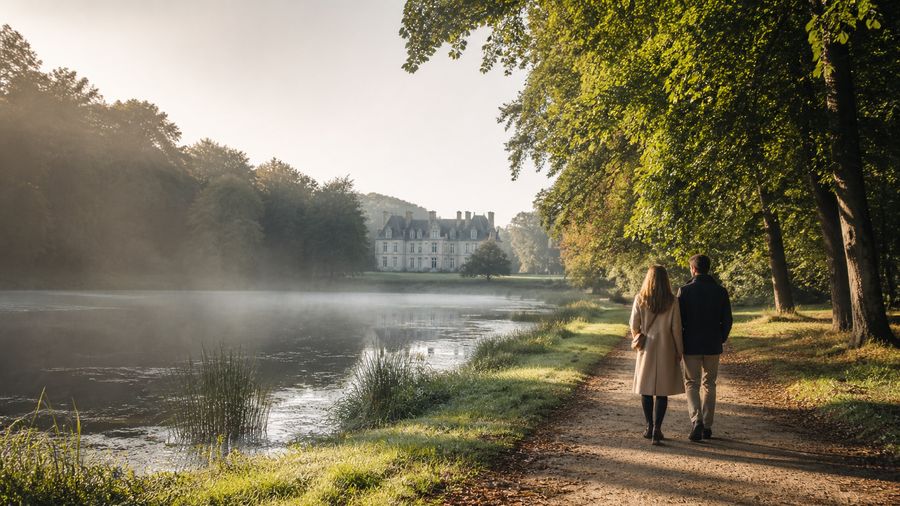 Ambiance romantique inspirée du parc de Rambouillet avec étang, forêt et château au matin