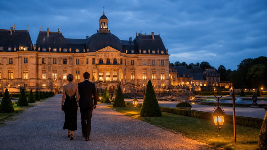 Ambiance romantique inspirée de Vaux-le-Vicomte avec château éclairé, jardins et allée du soir