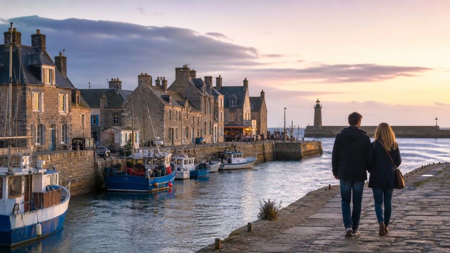 Ambiance romantique inspirée de Barfleur avec port de granit, bateaux et lumière du Cotentin