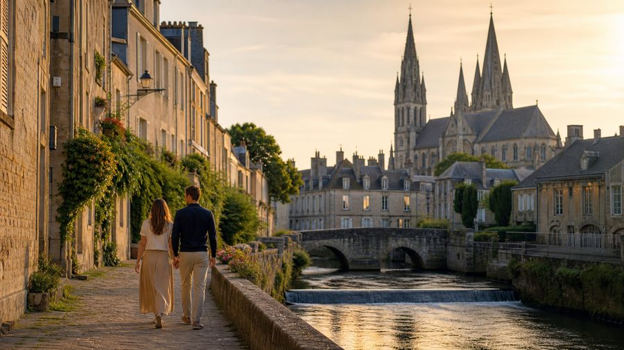 Ambiance romantique inspirée de Bayeux avec rivière, ruelles de pierre et cathédrale dorée