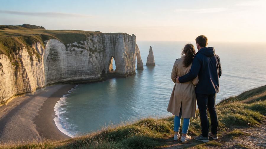 Ambiance romantique inspirée d'Étretat avec falaises blanches, arche et mer calme