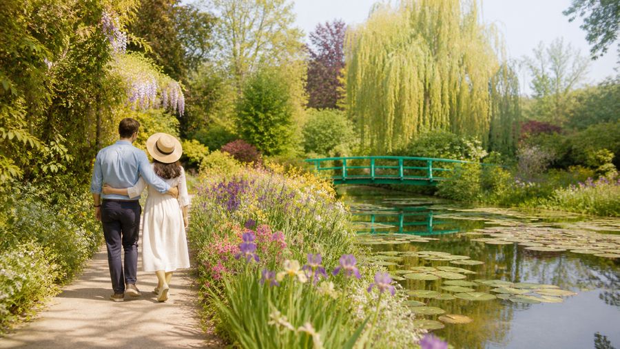 Ambiance romantique inspirée de Giverny avec jardin fleuri, bassin et lumière impressionniste