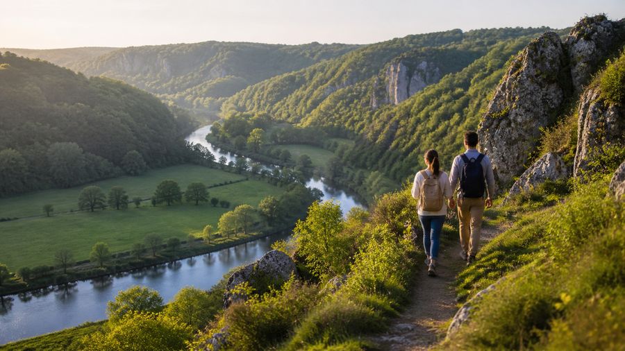 Ambiance romantique inspirée de la Suisse Normande avec vallée verte, rochers et rivière de l'Orne