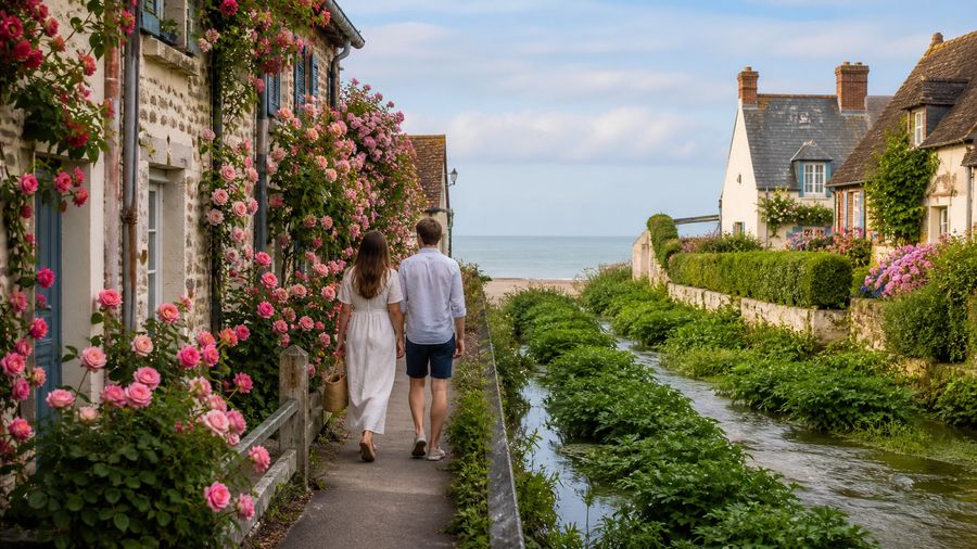 Ambiance romantique inspirée de Veules-les-Roses avec rosiers, maisons normandes et rivière vers la mer