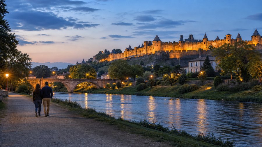 Ambiance romantique inspirée de Carcassonne vue depuis les berges de l'Aude