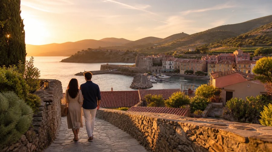 Ambiance romantique inspirée de Collioure et de la Côte Vermeille au coucher du soleil