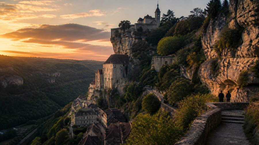 Ambiance romantique inspirée de Rocamadour dans la lumière du soir