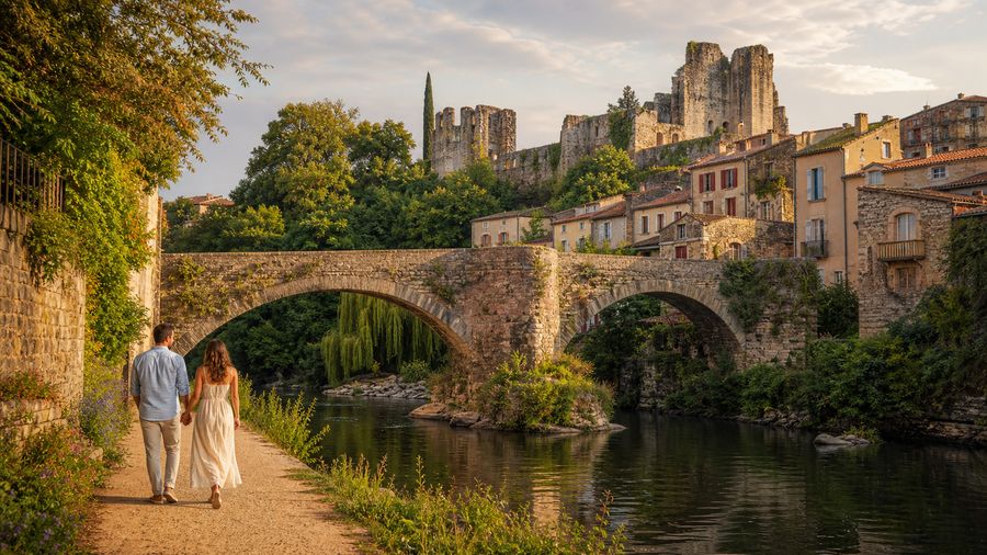 Ambiance romantique inspirée de Clisson avec pont de pierre, Sèvre Nantaise et ruines du château