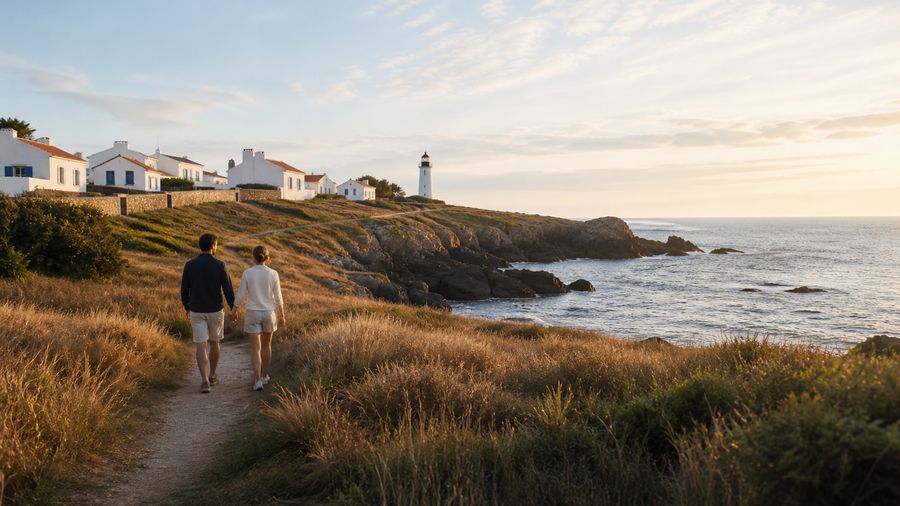 Ambiance romantique inspirée de l'Île d'Yeu avec côte sauvage, maisons blanches et phare