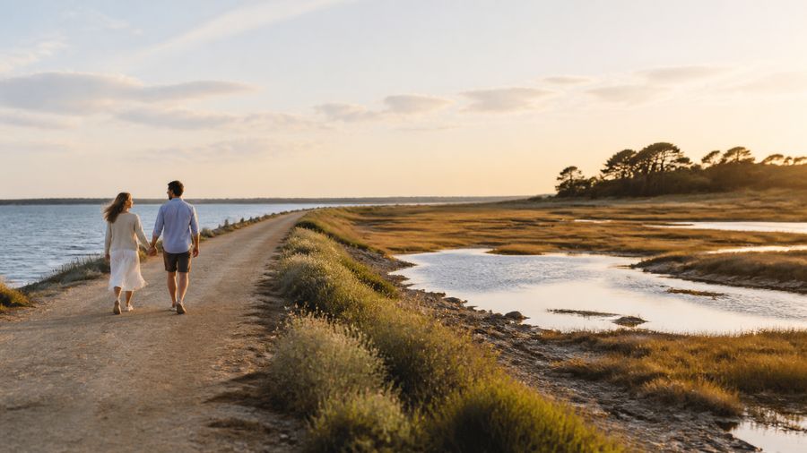 Ambiance romantique inspirée de Noirmoutier avec marais, pins et Passage du Gois à marée basse