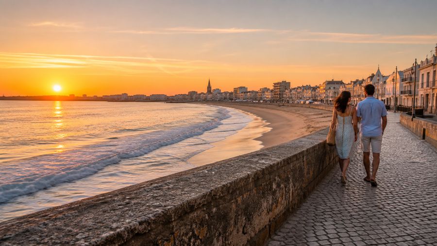 Ambiance romantique inspirée des Sables-d'Olonne avec grande plage, remblai et coucher de soleil