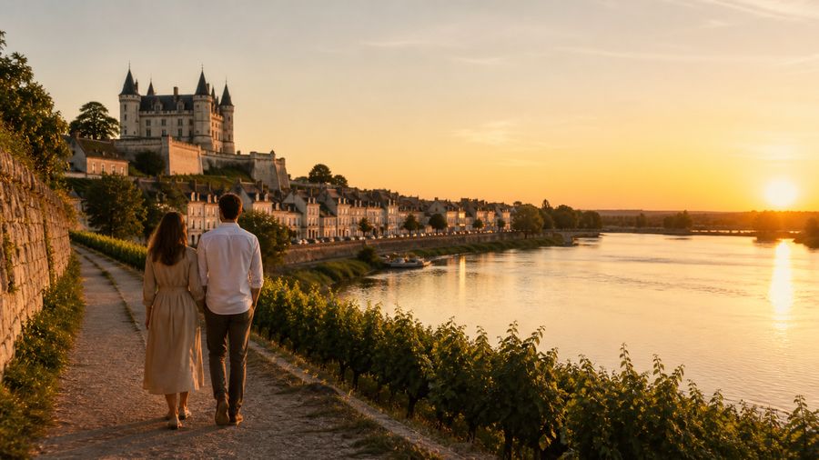 Ambiance romantique inspirée de Saumur avec château, Loire et vignes au coucher du soleil