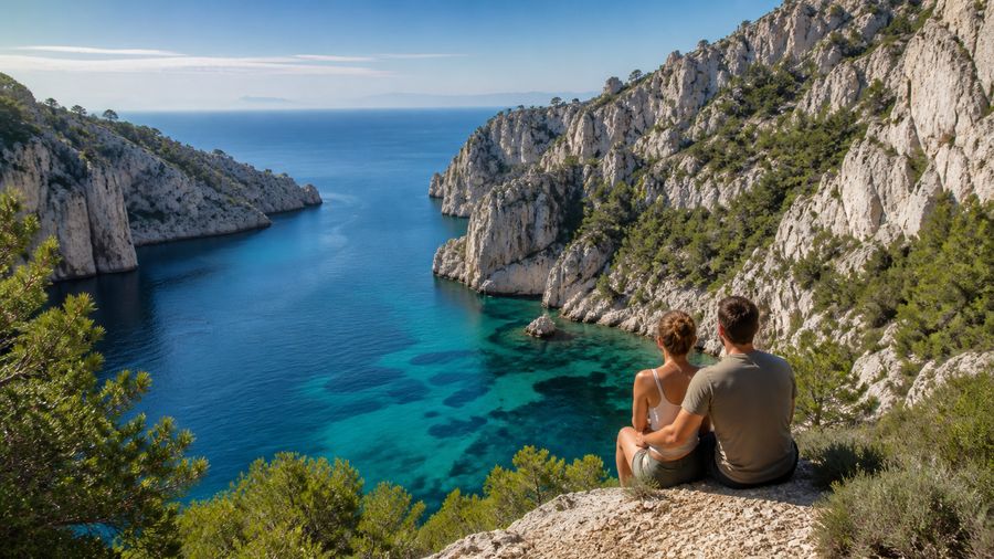 Ambiance romantique inspirée des Calanques de Marseille entre falaises blanches et mer turquoise